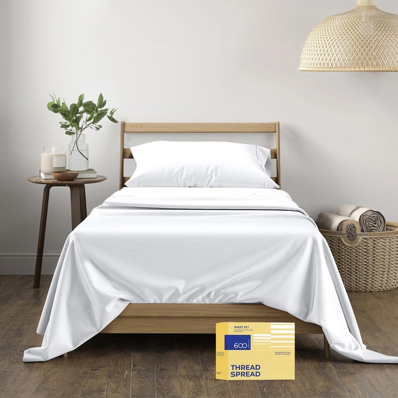 THREAD SPREAD 100% Pure Egyptian Cotton Sheets Twin - 600 Thread Count Sheets Twin, 3 PC Deep Pocket Twin Sheets, Soft, Cooling Sateen Weave Extra Long Twin Sheets Sets Dorm, 16" Deep Pocket - White - Image 1
